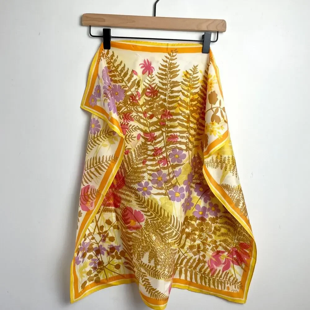 Vintage 60s 70s Vera Square Scarf Ladybug Floral Yellow Colorful Ferns